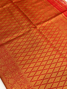 Gold Zari Floral Saree in Red