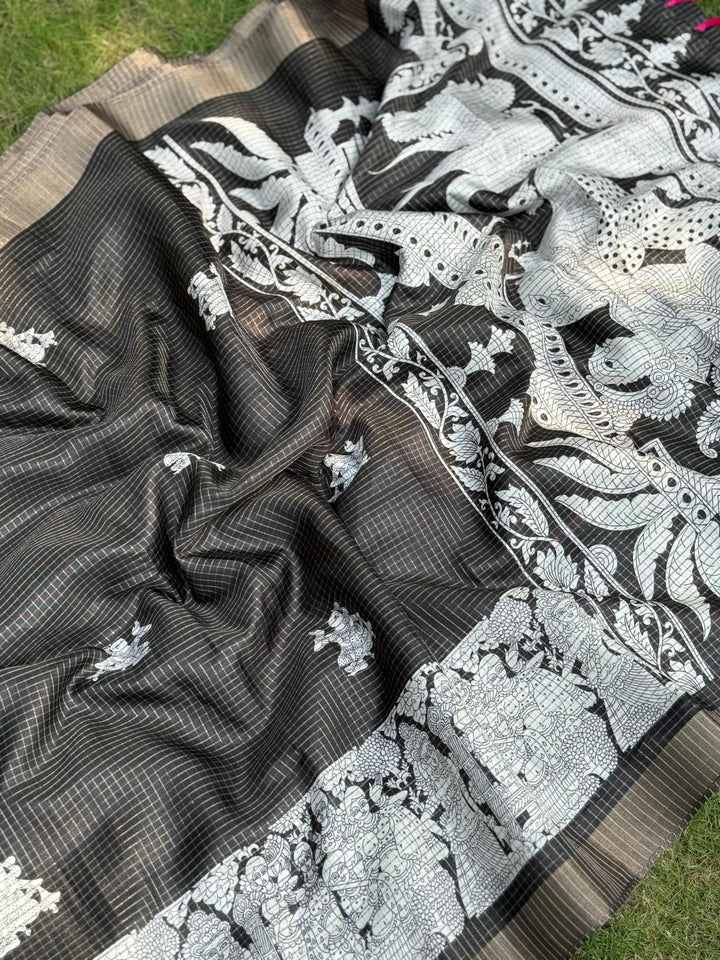 Black Tussar Chex Kalamkari Elegance Saree