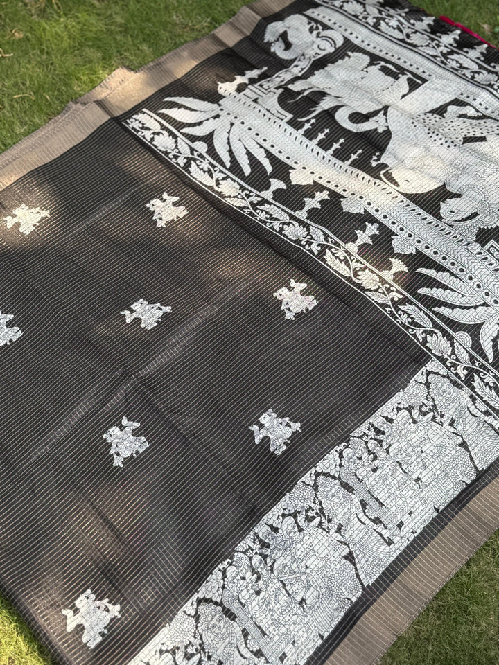 Black Tussar Chex Kalamkari Elegance Saree