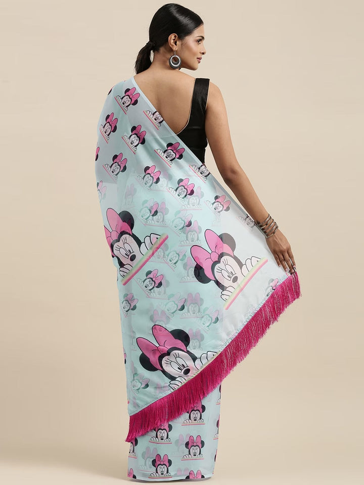 Blue Colour Silk Saree with Playful Mickey Print and Tassel-Adorned Pallu