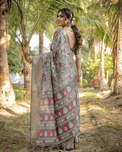 Attractive Gray Colored Jacquard Silk Saree With Zari Border Blouse