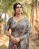 Attractive Gray Colored Jacquard Silk Saree With Zari Border Blouse