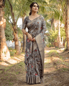 Attractive Gray Colored Jacquard Silk Saree With Zari Border Blouse