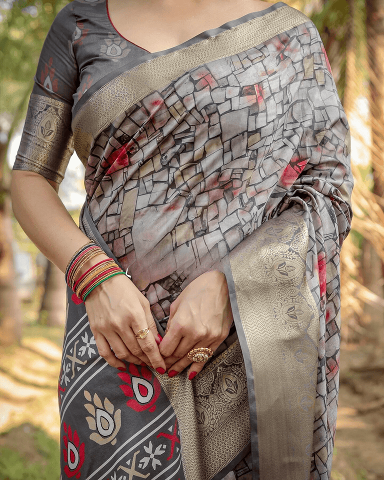 Attractive Gray Colored Jacquard Silk Saree With Zari Border Blouse