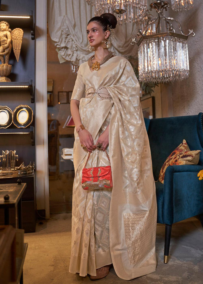 Beige Kanjivaram Saree With Unstitched Blouse