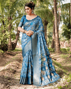 Dazzling Blue Colored Jacquard Silk Saree With Zari Border Blouse