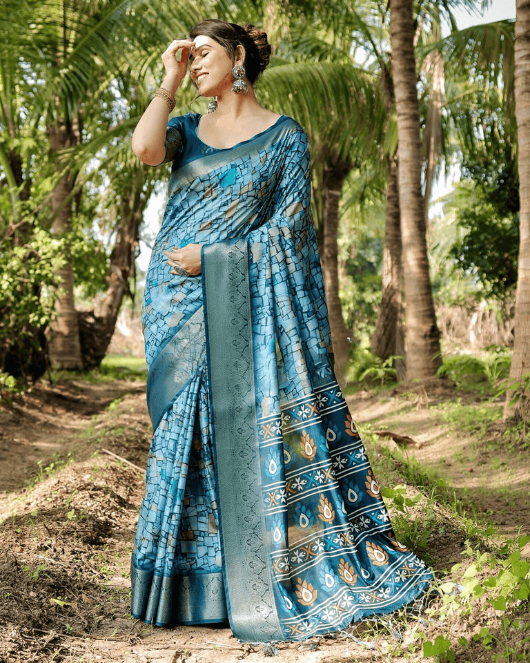 Dazzling Blue Colored Jacquard Silk Saree With Zari Border Blouse