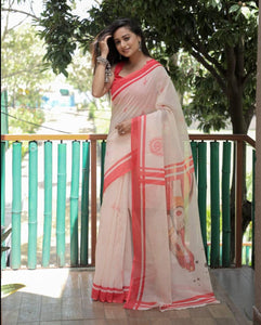 New Stylish Off White Printed Linen Saree For Women's