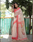 New Stylish Off White Printed Linen Saree For Women's