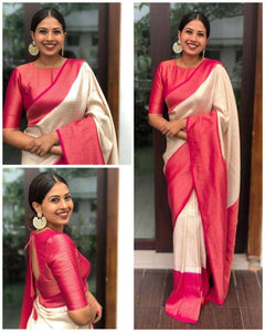 Off white & Pink jacquard banarasi silk saree