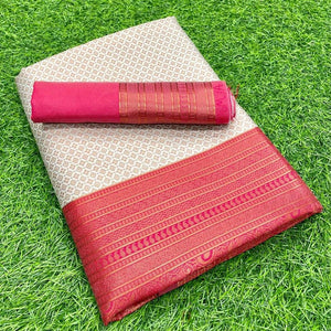 Off white & Pink jacquard banarasi silk saree