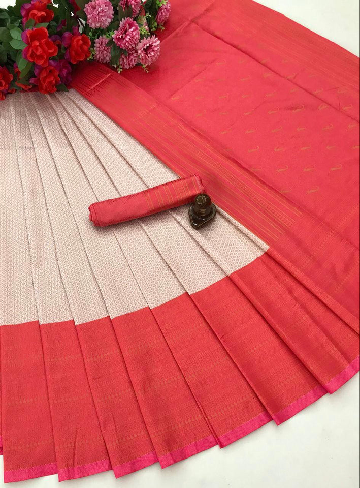 Off white & Pink jacquard banarasi silk saree