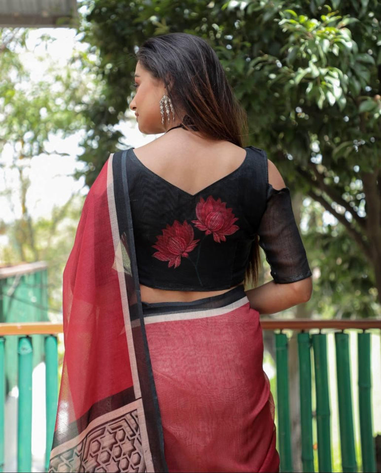 Off White And Red Digital Printed Linen Saree