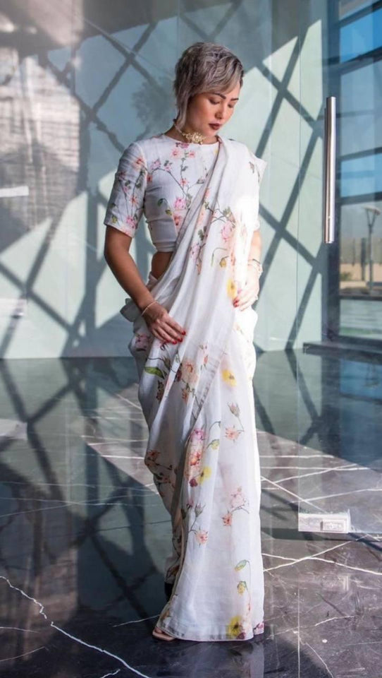 Off White Color Digital Printed Pure Linen Saree