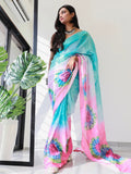 Pink tie dye satin Kota Doriya saree with floral design