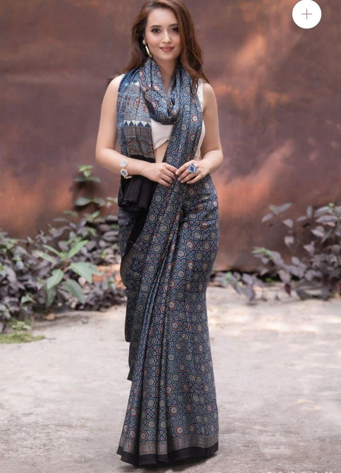 Shark blue color kalamkari saree