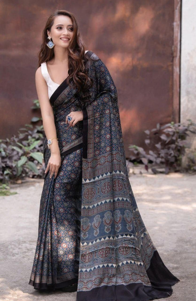 Shark blue color kalamkari saree