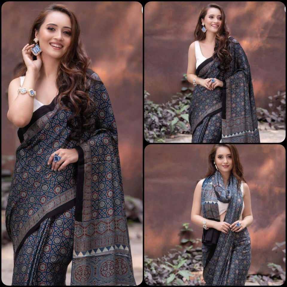 Shark blue color kalamkari saree