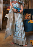 Sky Blue Linen Woven Saree With Unstitched Blouse