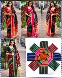 Soft silk saree, striped design n tassled pallu, running blouse