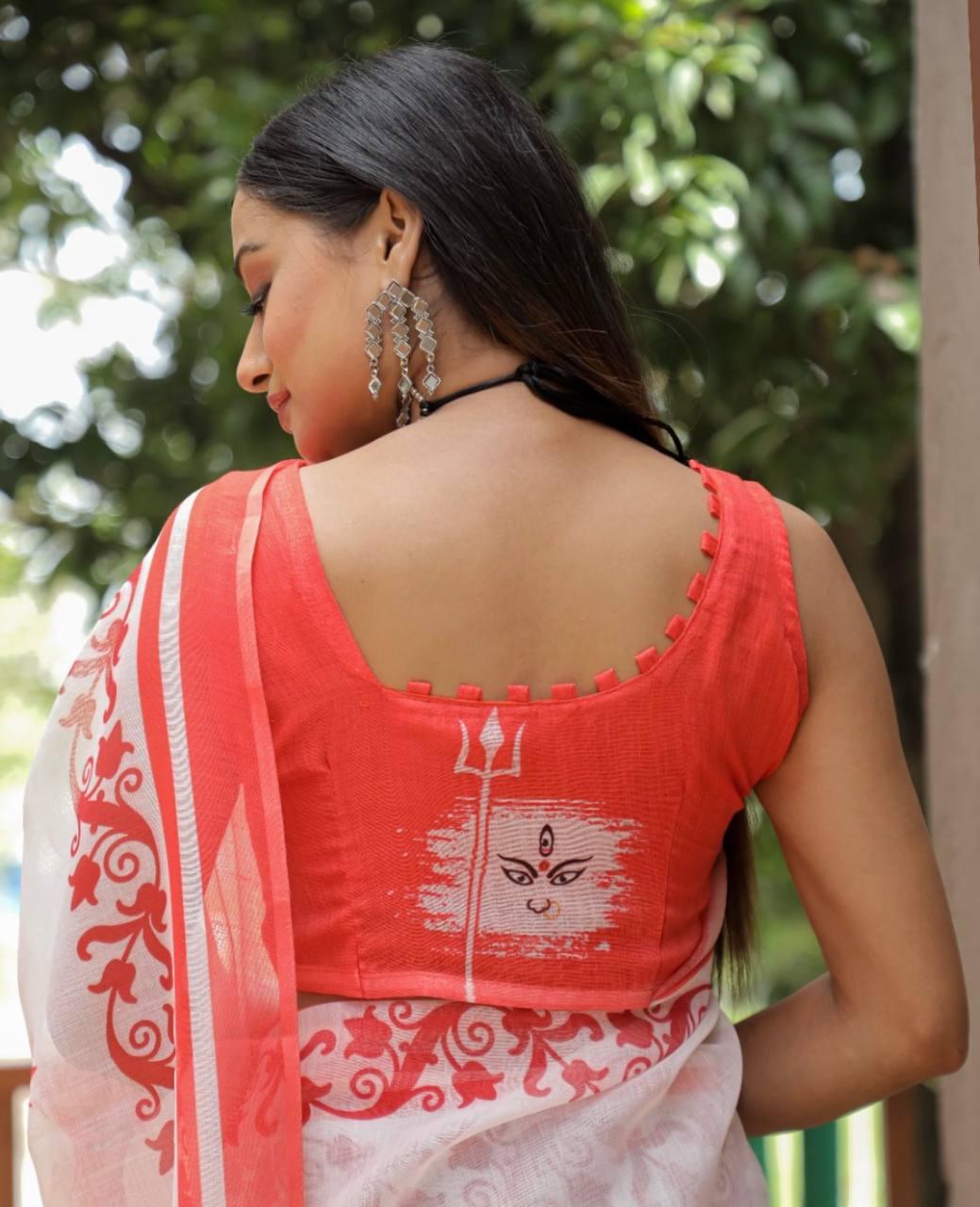 Women's Digital Linen Red And White Beautiful Saree with Blouse