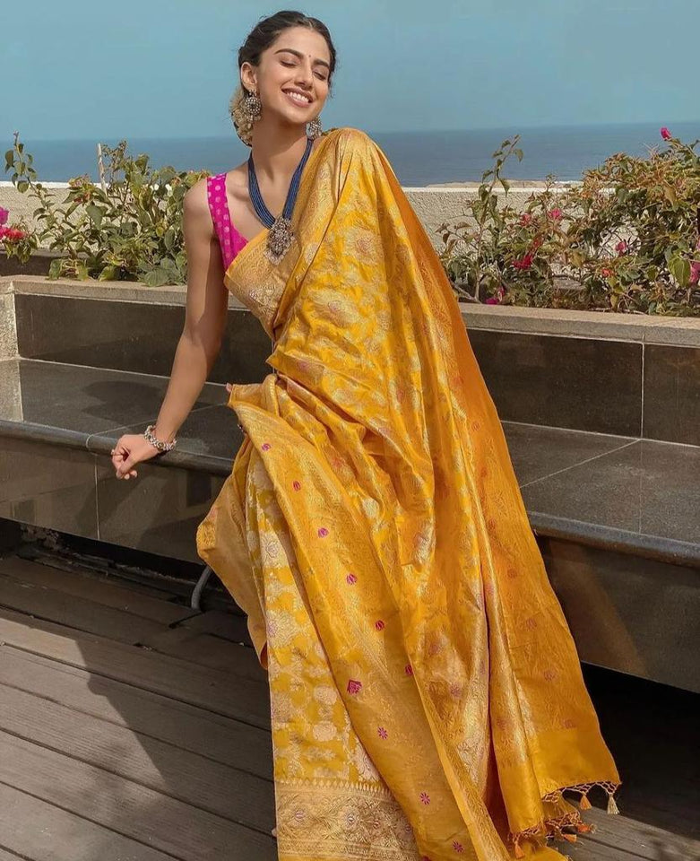 Yellow Pure Silk Banarasi Saree