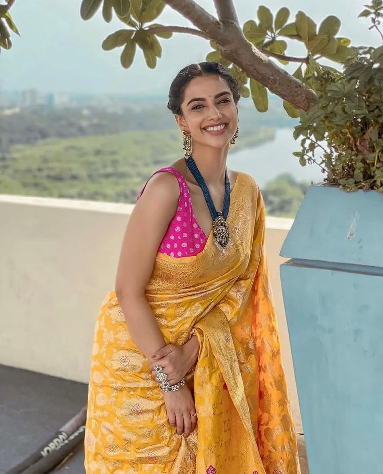 Yellow Pure Silk Banarasi Saree